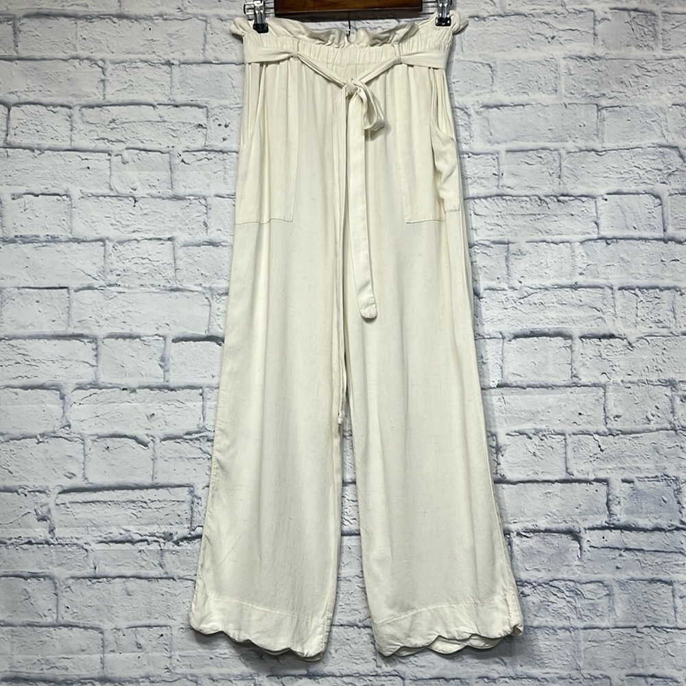 Monteau Ivory White Wide Leg Crop Pant Scalloped Hem, Pullon Rayon Linen M Cute!